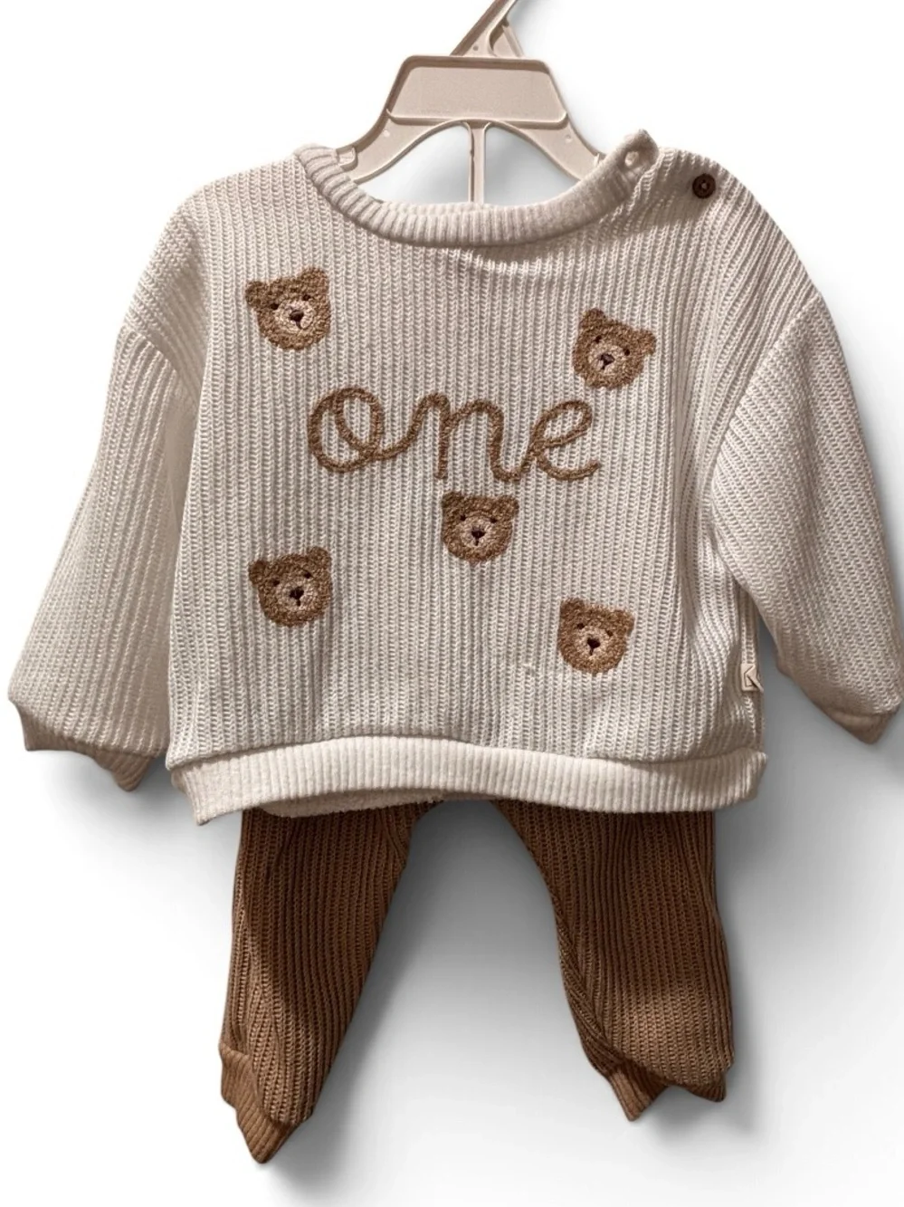 🎉 (18m) Snug Gender Neutral “ONE” Teddy Bear Knit Sweater + Pants Set